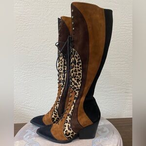 Coach - Lace Up Boot With Patchwork Leopard - sz 7B leather - made in Spain